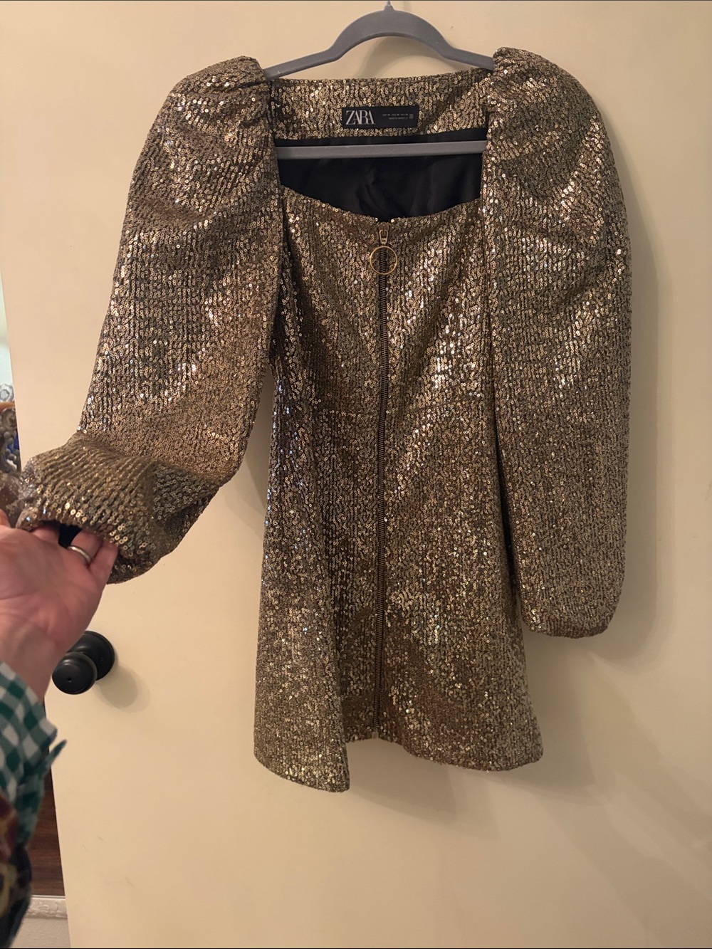 ZARA Gold Sequin Puff-Sleeve Zip Jacket
